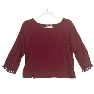 Saturday Sunday Anthropologie Sz S Crochet‎ Knit 3/4 Sleeve Sweater Pom Pom Cuff
